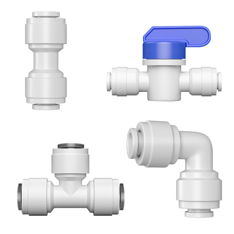 

Фитинги для систем обратного осмоса: быстроразъемные прямые соединители, тройники, угловые фитинги, шаровые краны 1/8, 1/4, 3/8, 1/2, 5/8, 3/4 дюйма, из пищевого полимера POM