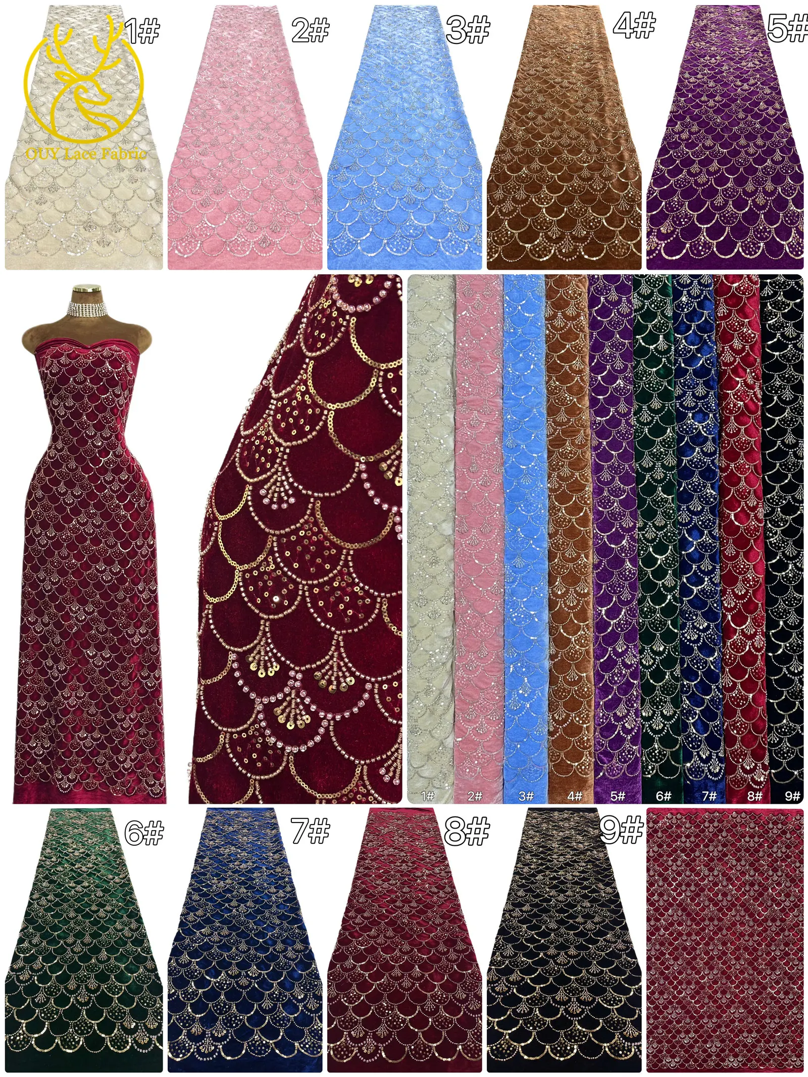 Weinroter nigerianischer Samtstoff mit Stickerei und Perlen, hochwertiger afrikanischer Spitzenstoff, französische Pailletten-Spitze für Damen-Hochzeitskleider – Detail 4