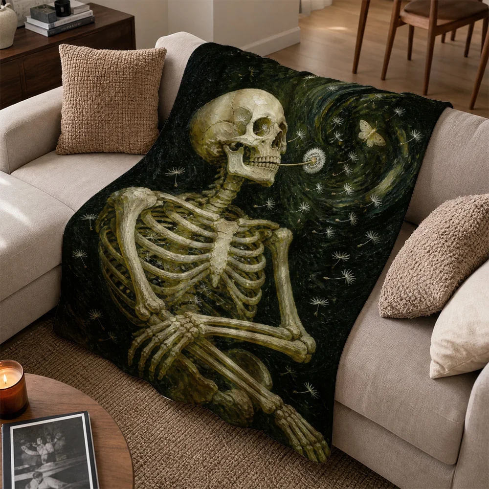 Highly Detailed Gothic Skeleton Throw Blanket for Sofa Couch Home Decor Halloween Spooky Scary Graphic Art Print Cozy Accent Thr