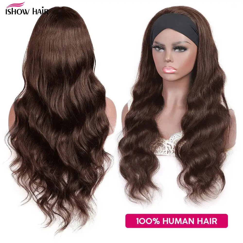 Ishow # 4 براون عقال خصلات الشعر المستعار الإنسان آلة كاملة صنع الباروكات الجسم موجة البرازيلي ريمي 100% وشاح من الشعر البشري شعر مستعار للنساء #2