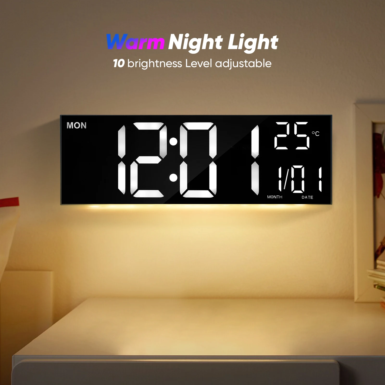 16.5'' Large Digital Wall Clock With Remote Control, Big LED Dual Alarm 8 RGB Colors Auto Brightness Date DST Temperature Clocks