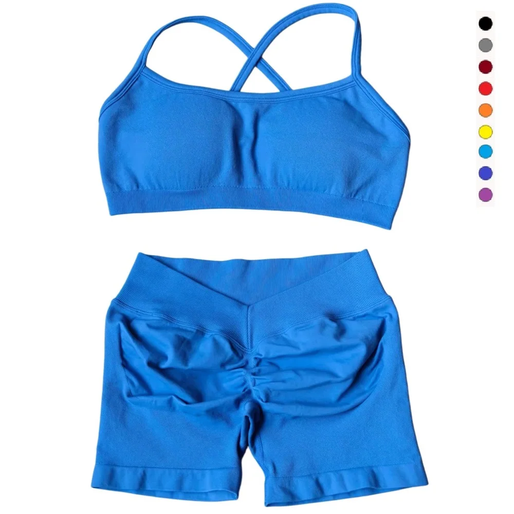 

2 Piece Yoga Sportswear Suit for Women Seamless Fitness Gym Clothes Sports Bra and Impact Shorts Workout Running Leggings Sets