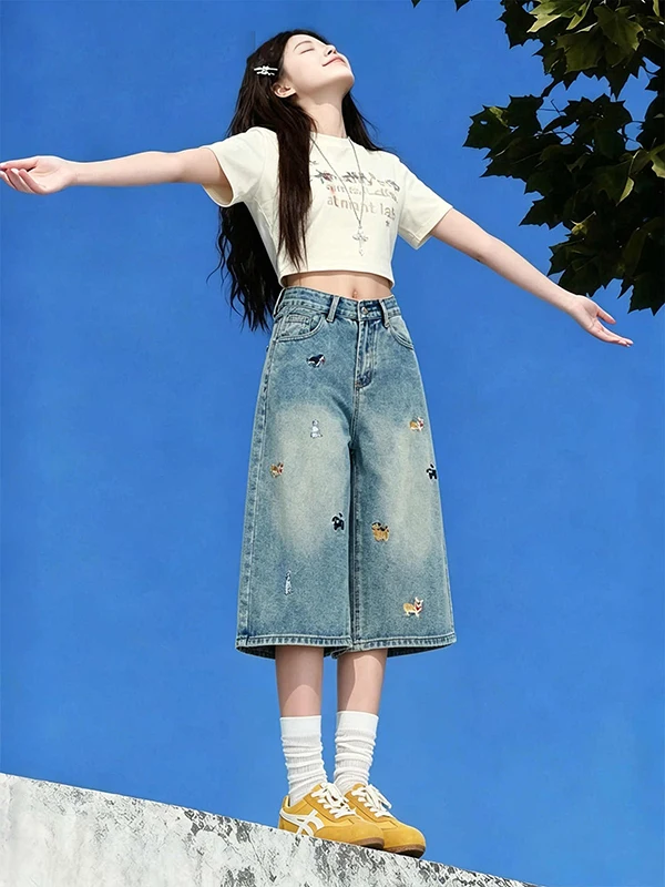 

American Style Loose Fit Blue Jeans Women's Summer Thin Embroidered Wide Leg Seven-Footers Casual High Waist Cotton Blend