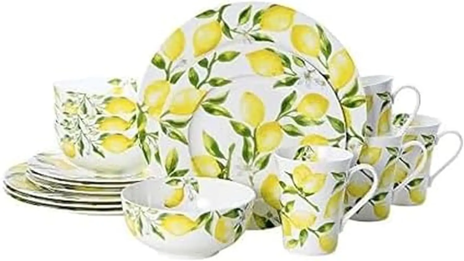 Lemon-Themed 16-Piece Bone China Dinnerware Set, Service for 4, with Dinner Plates, Salad Plates, Cereal Bowls, and Mugs, Dishwasher and Microwave Safe