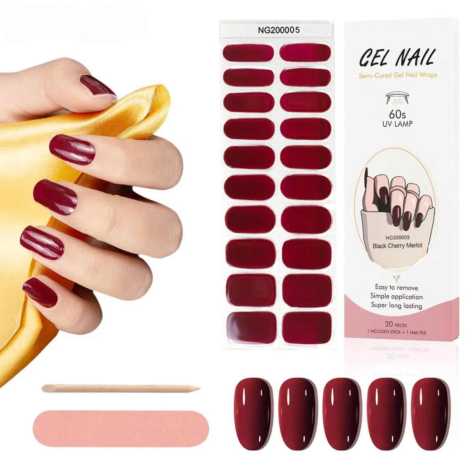 20Tips Pink Macaron UV Semi cured Gel Nail Strips Full Set of Stickers White Black Bare Pressed Nail DIY Long lasting Wraps