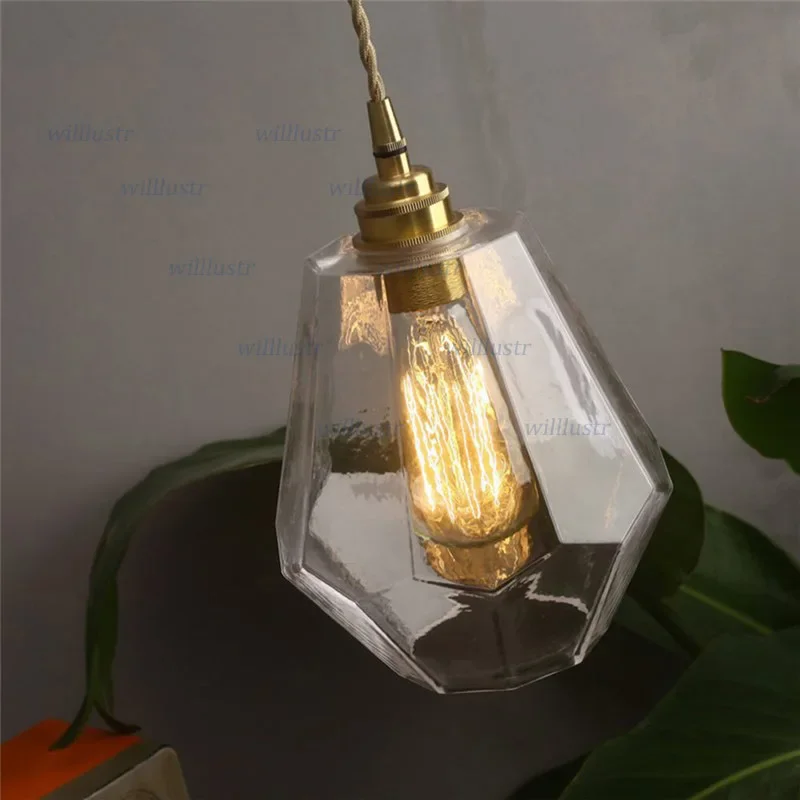 Diamond Glass Brass Pendant Lamp Suspension Light for Hotel Cafe Bar Porch Aisle Bedside Dining Room Hanging Ceiling Chandelier