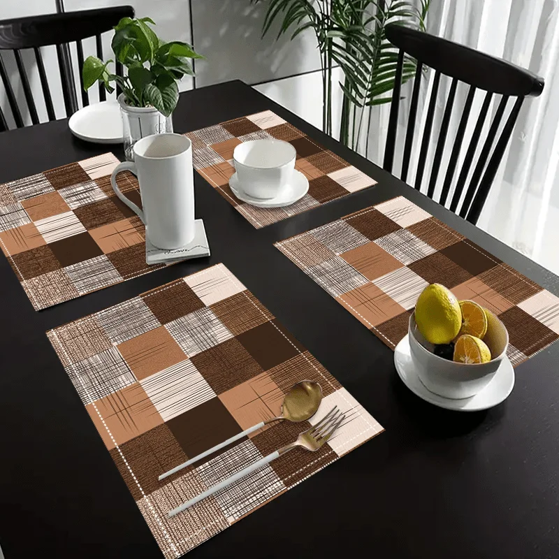 Brown Plaid Placemats Set Of 4 Linen Checkered Table Mats Non Slip Heat Resistant Kitchen Dining Decor