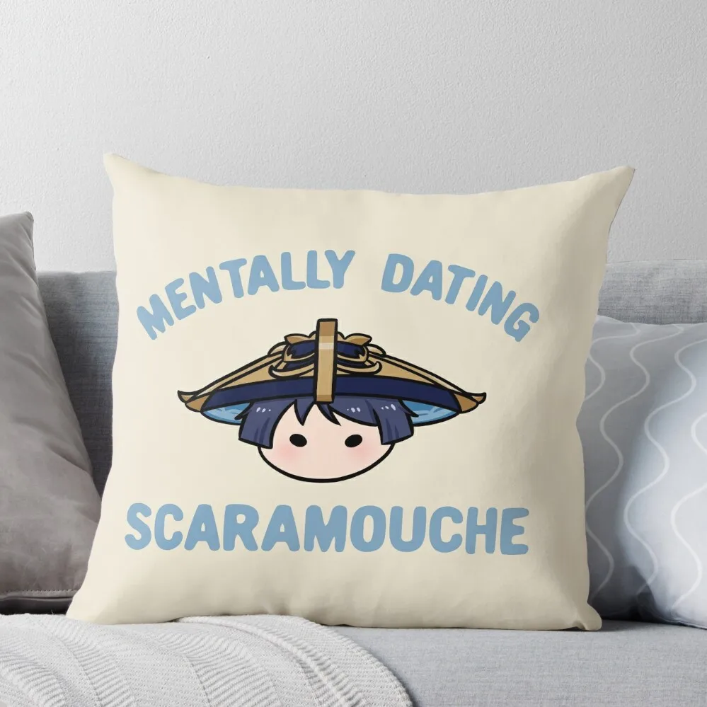 

Mentally dating Genshin Impact Scaramouche wanderer chibi head text Morcaworks Throw Pillow Decorative pillowcase