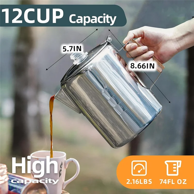A36T-إبريق قهوة موقد صانع القهوة Percolator المعسكر إبريق قهوة الفولاذ المقاوم للصدأ إبريق قهوة في الهواء الطلق 12 كوب