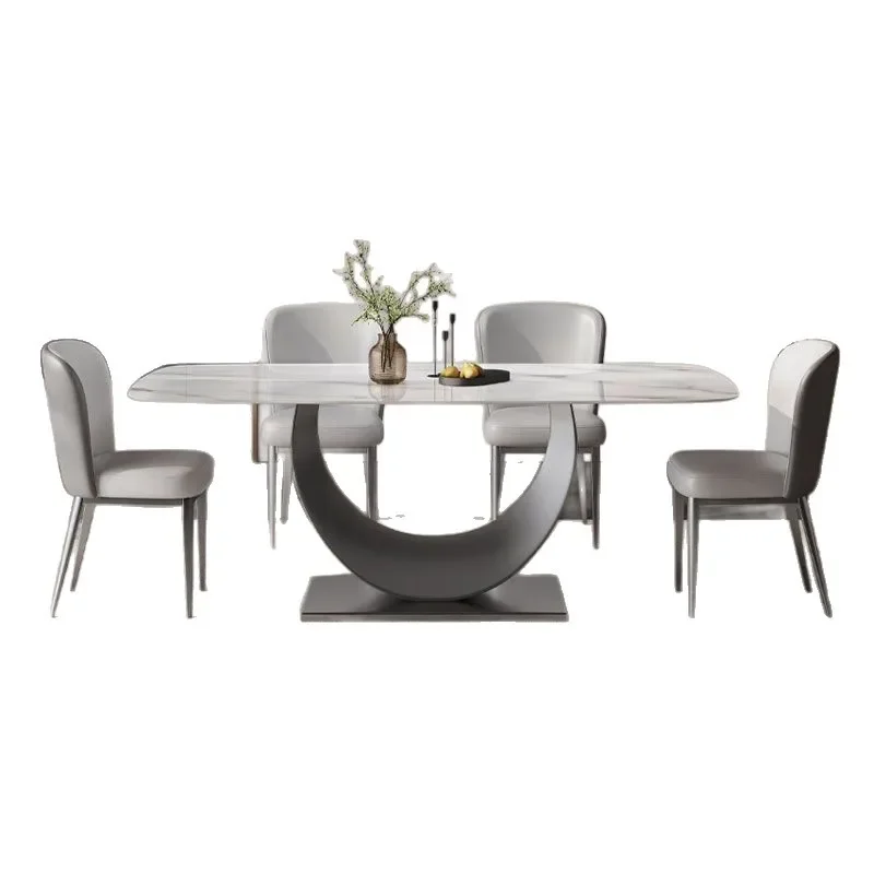 

Light luxury Italian style, high-end bright rock slab dining table and chair combination modern simple small apartment household