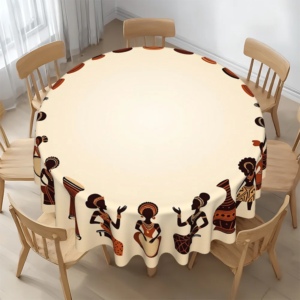 African-themed round tablecloth, featuring patterns of drums, vases and dancers - brown and beige in color.