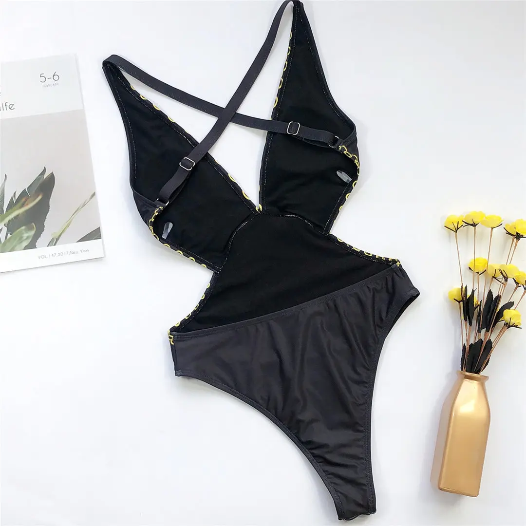 2026 Schwarzer V-Ausschnitt Damen-Badeanzug Einteiliger Badeanzug für Frauen Bedruckter Badeanzug mit Kreuzrücken-Bodysuit Damen V1807 – Detail 10