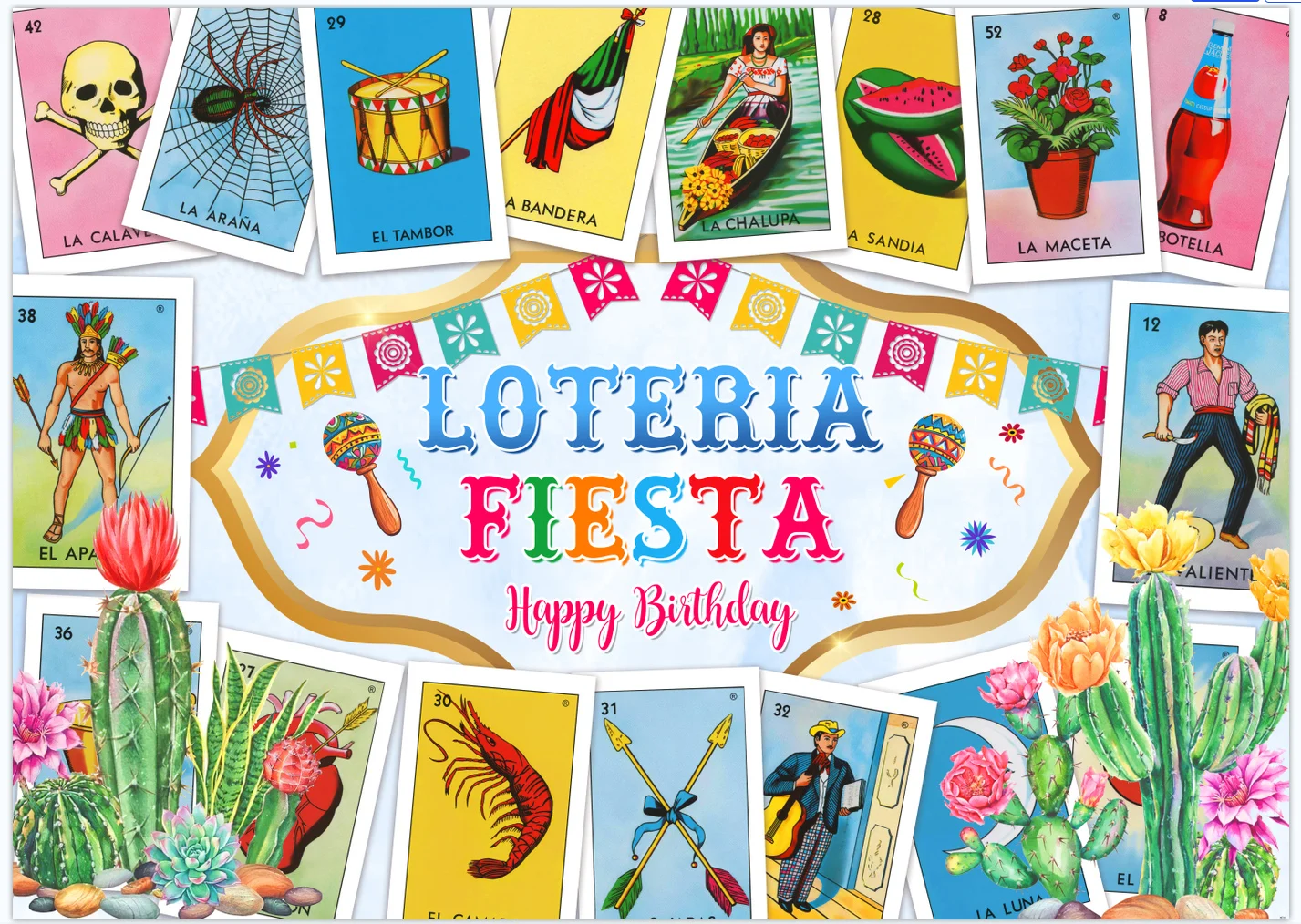 7x5FT Mexican Loteria Fiesta Happy Birthday Lotería Outdoor Weatherproof Custom Photo Backdrop Background Polyester Polycotton
