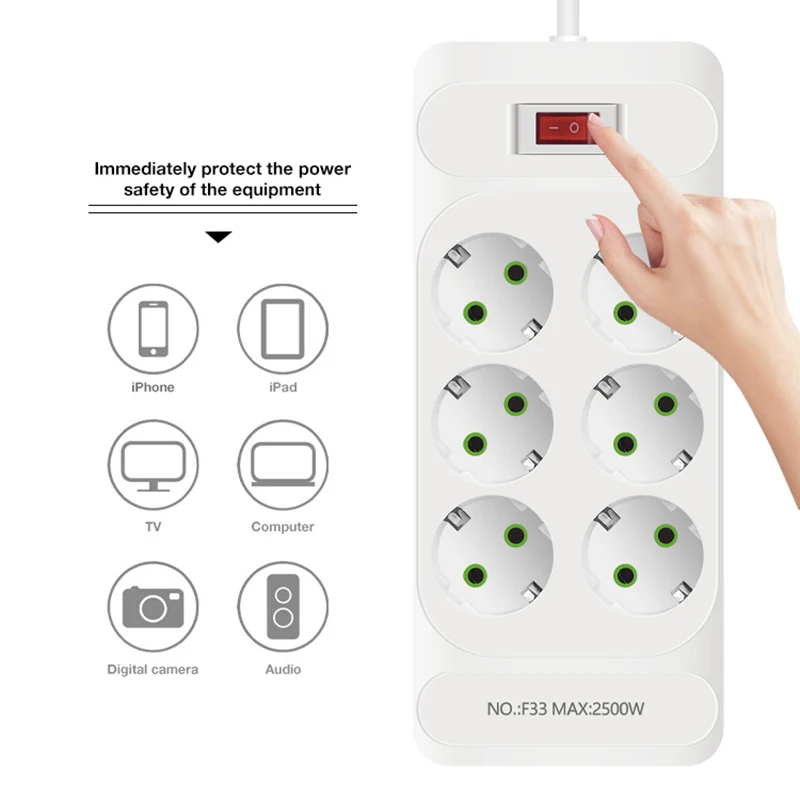 EU Plug Power Strip 2m Extension Cord 6 Outlet with 4 USB Ports 2 Type-C Fast Charge Multiprise Network Filter Electrical Socket