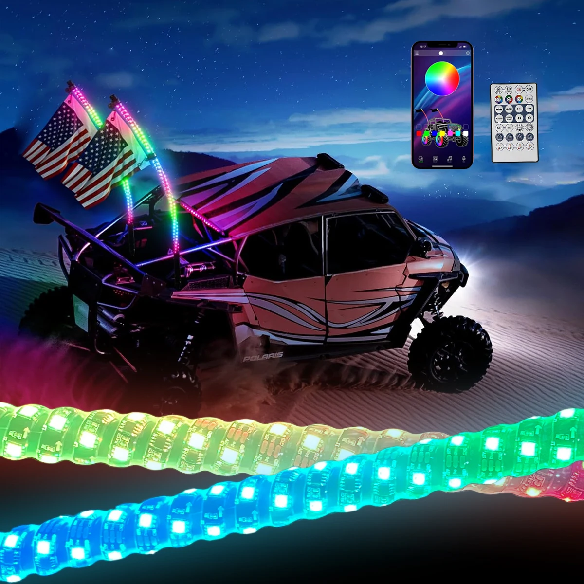 2PCS 2FT LED Whip Lights, Remote Control Flagpole Antenna Whips,for UTV, ATV, Off Road, Buggy Dune,Sand,RZR factory direct sales