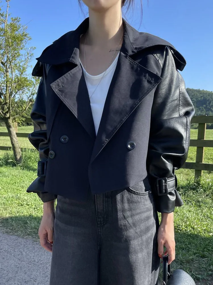 

Костюм Bla ort Jaet, женская шикарная осенняя одежда, 2022, маленькое высококачественное пальто из искусственной кожи в стиле пэчворк, свободное пальто в Корейском стиле