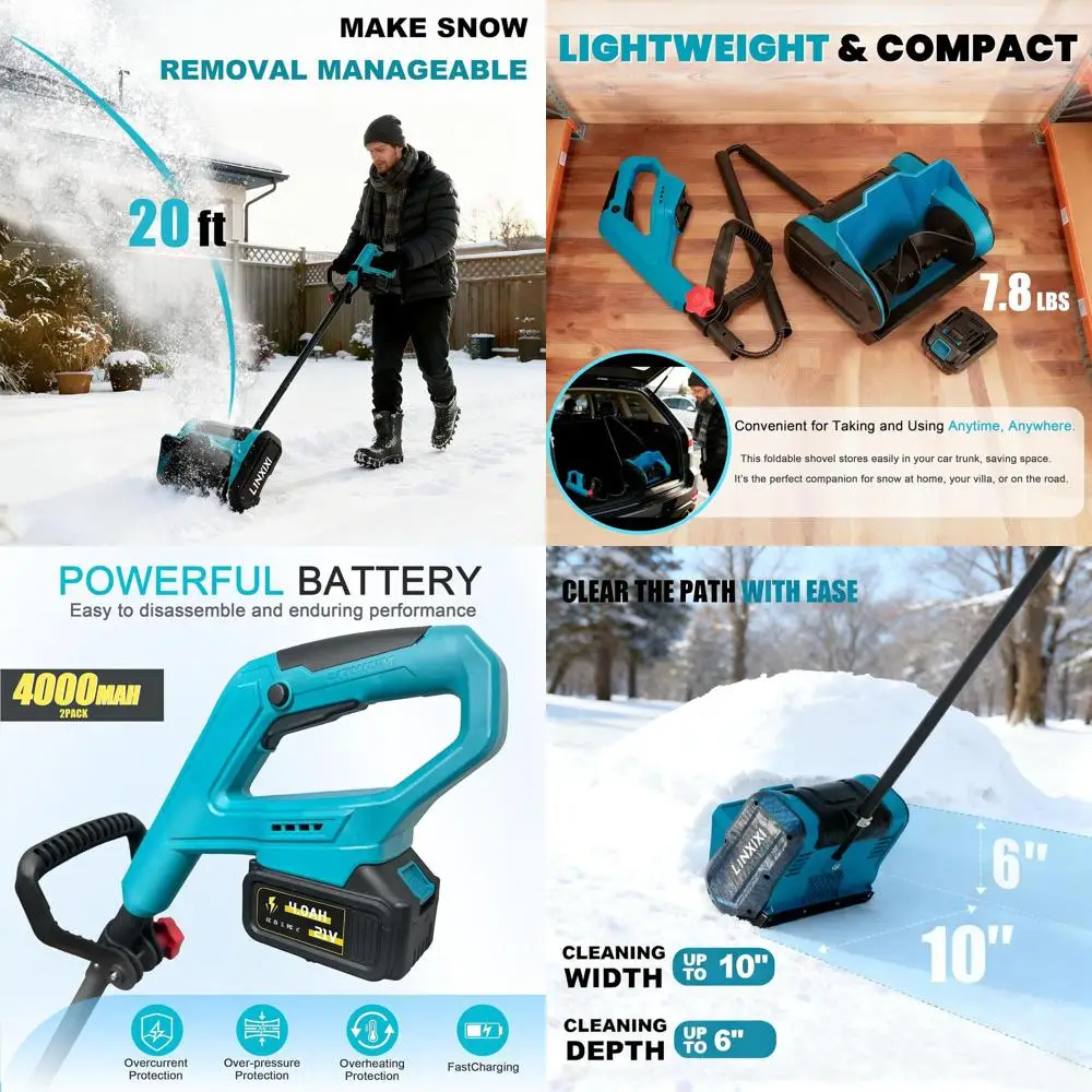 

10-дюймовый аккумуляторный снегоочиститель 21 В с 2 аккумуляторами емкостью 4,0 Ач и зарядным устройством, 6-дюймовая глубина снега, бросок 20 футов для палуб, патио, тротуаров