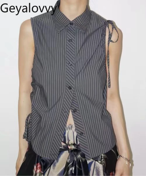 

Japanese Niche Temperament Sweet Girls Versatile Sleeveless Shirt Summer New Single-breasted Irregular Drawstring Tops Women