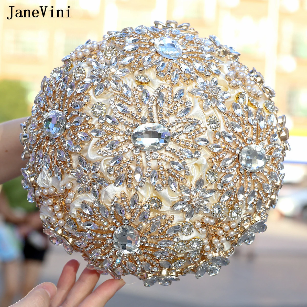 JaneVini Luxury Diamond Crystal Ivory Bridal Bouquets with Gold Jewelry Artificial Satin Roses Customized Wedding Bouquet Flower