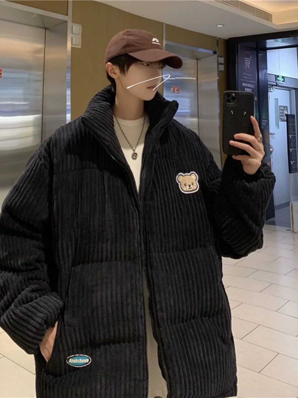 جاكيت رجالي شتوي من قماش الكوردروي بتصميم دب، سميك وفضفاض، معطف قطني عصري للشباب، إغلاق بسحاب، دافئ ومضمون الدفء