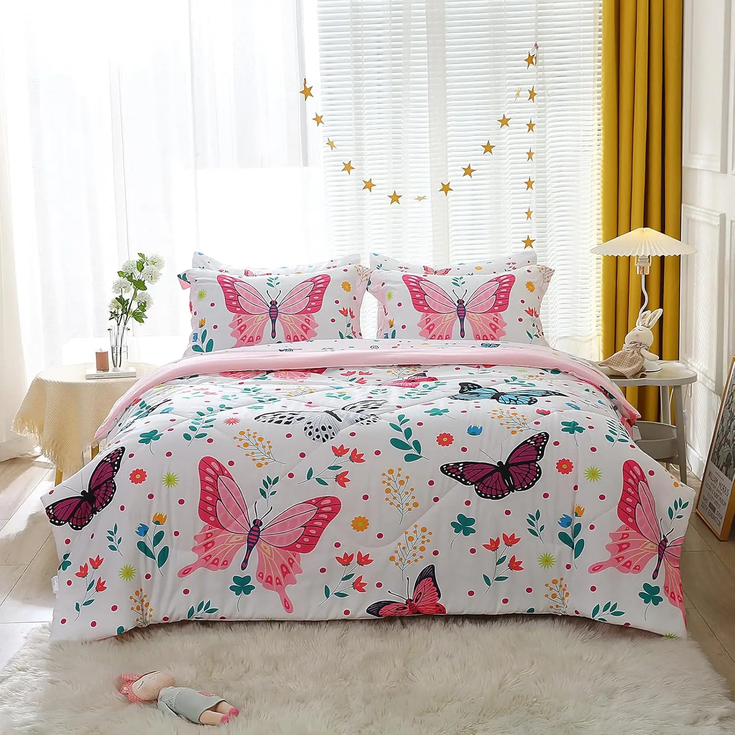 Colorful Butterfly Full Bedding Set for Girls, 7-Piece Microfiber Comforter with Sheets and Pillowcases