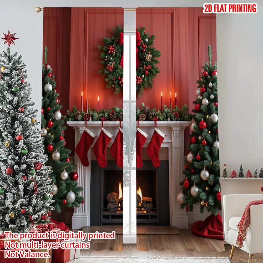 

2pcs 2D flat printing Christmas Scene Curtain Christmas tree red wall 100% Polyester Without Electricity Versatile Perfect for