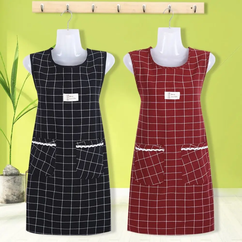 Household Plaid Women Sleeveless Apron Cotton Overalls Oil-proof Cooking Apron Large Pocket Chef Aprons for Kitchen
