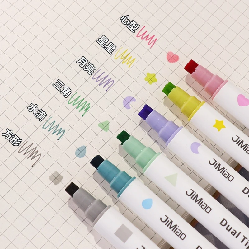 6 Colors Star/Heart/Moon/Drop/Square Stamp Double Headed Art Marker Highlighter Pen for Scrapbook Diary Poster Christmas Card