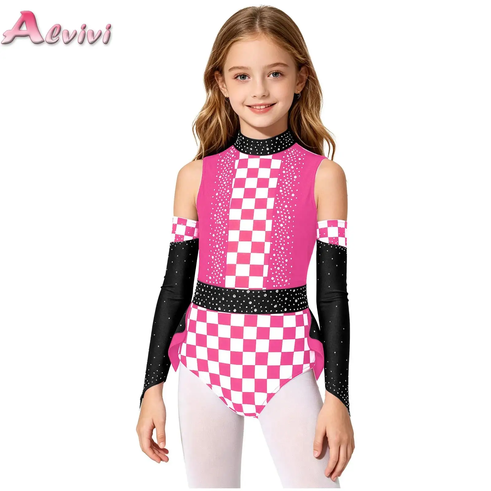 

Girls Figure Skating Dance Costume Racer Bodysuit Sparkly Rhinestones Plaid Back Cutout Ruffle Overlay Leotard with Oversleeves