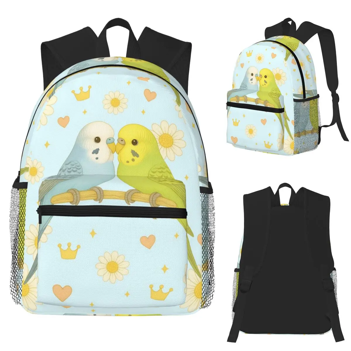 

Lovebirds In Blue Paradise Kawaii Budgie Couple Design Student Backpack School Bag Daypack for Boys Girls Bookbag Shoulder Bags