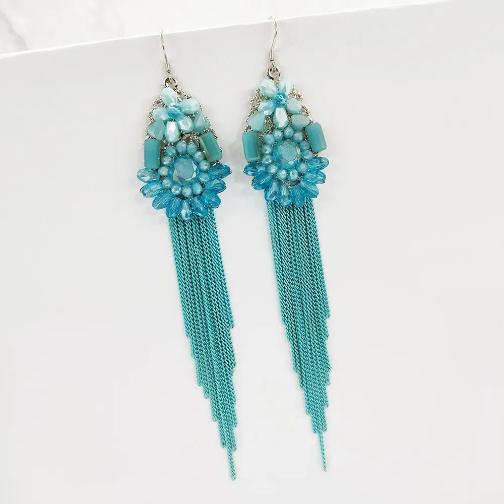 S925 Silver Needle Colorful Flower Earring New Handwoven Bead Tassel Earrings Long Ethnic for Women Jewelry