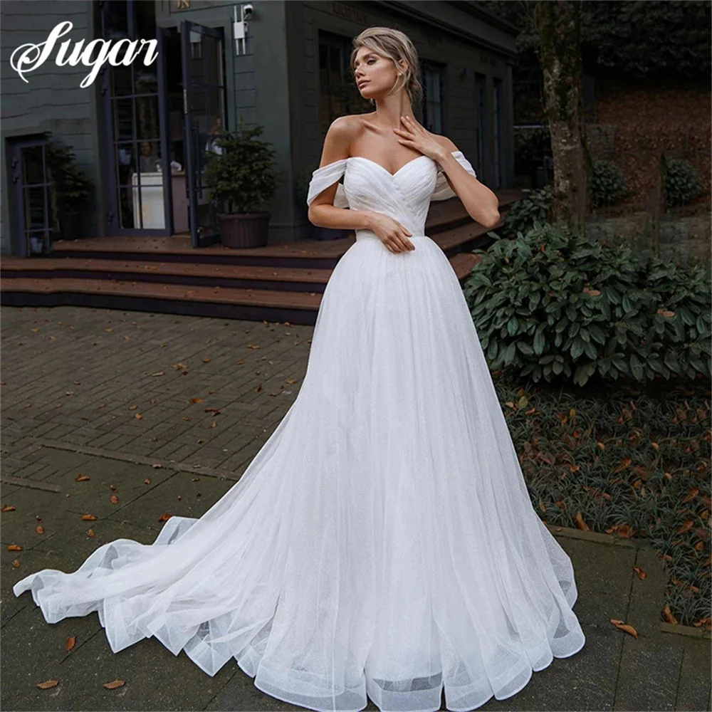 

Off Shoulder Glitter Tulle Wedding Dresses Sweetheart Straps Bridal Gowns For Bride Robe De Mariée Beach Sweep Train For Women