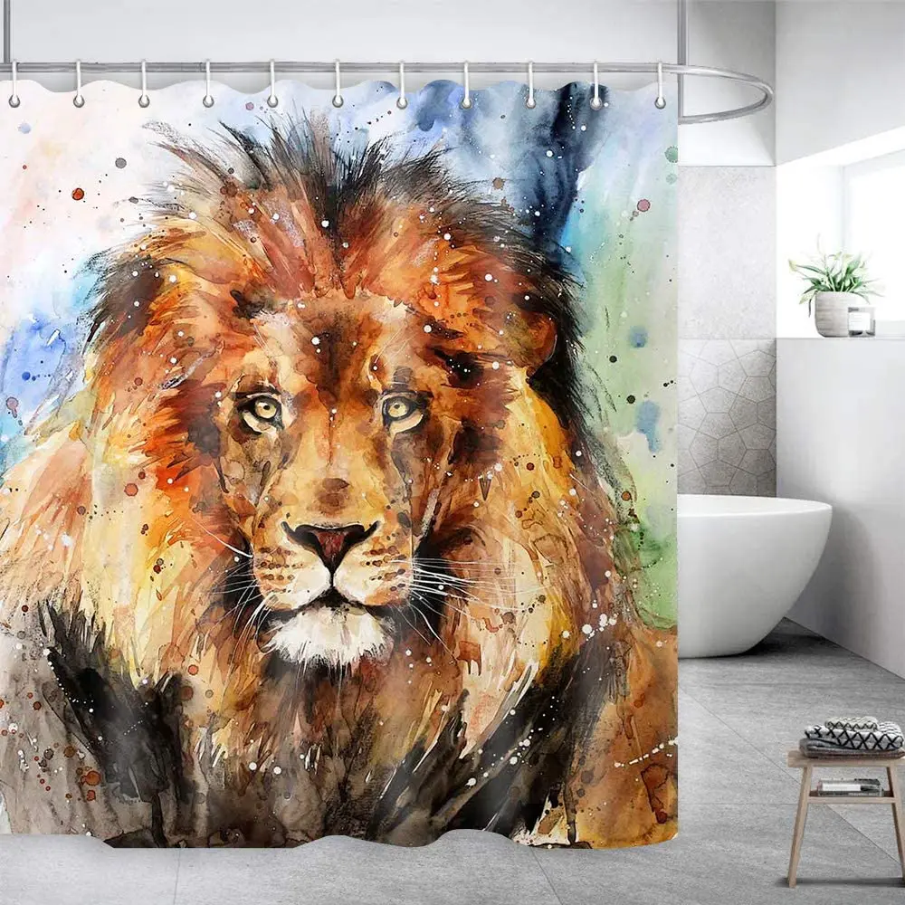 Watercolor Lion Shower Curtain King Of The Jungle Wild Animals Retro Hand Painted Splash Style Bathroom Decoration