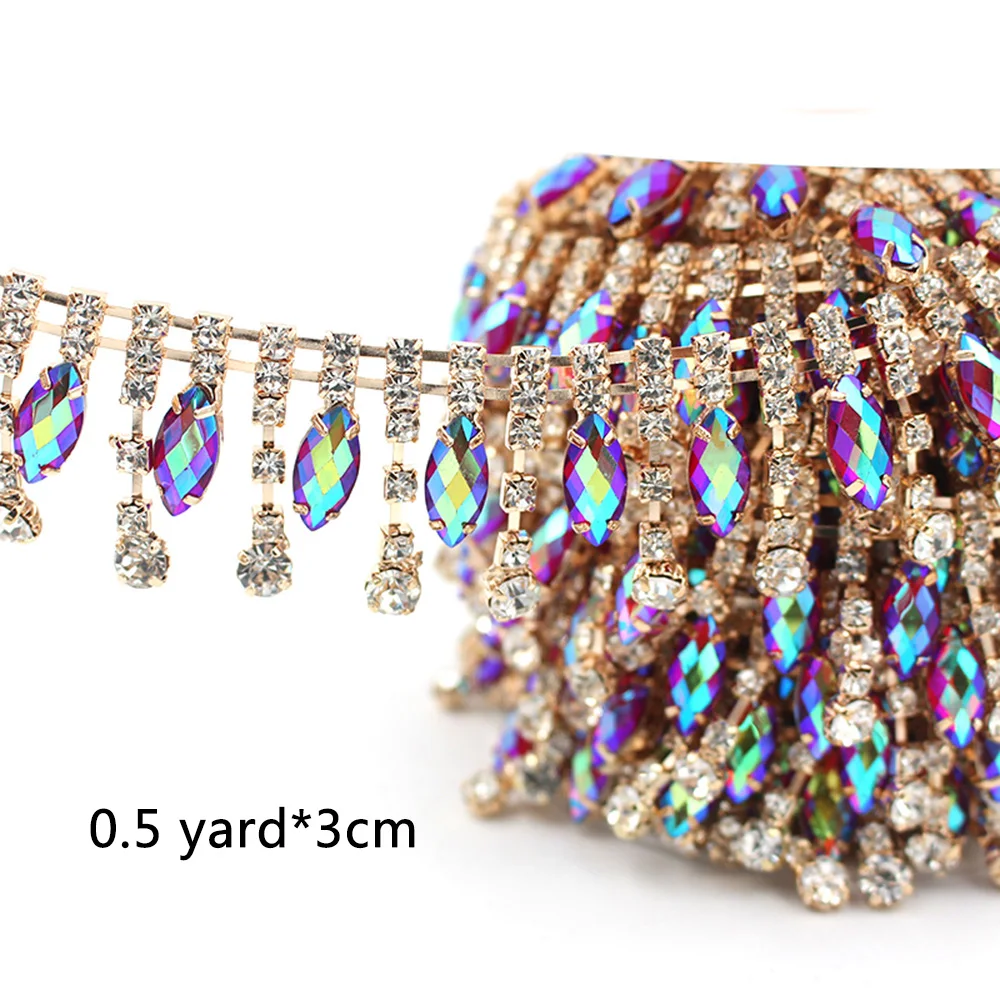 0.5/1yard Rhinestone Tassel Lace, European and n style horse eye code chain lace Welding Rhinestone Claw chain edge Hand DIY