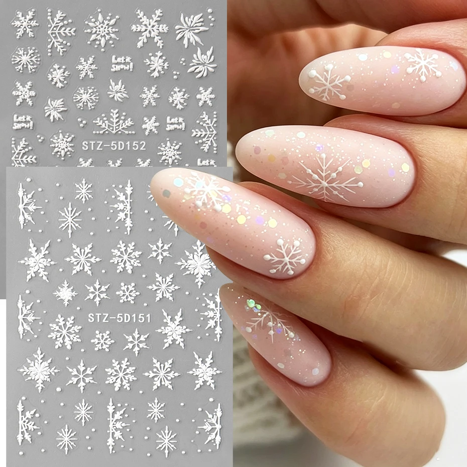 2pcs 5D Embossed Snowflakes Nail Art Stickers Elegant White Snowflakes Nail Art Decals Winter New Year Nail Art Decoration