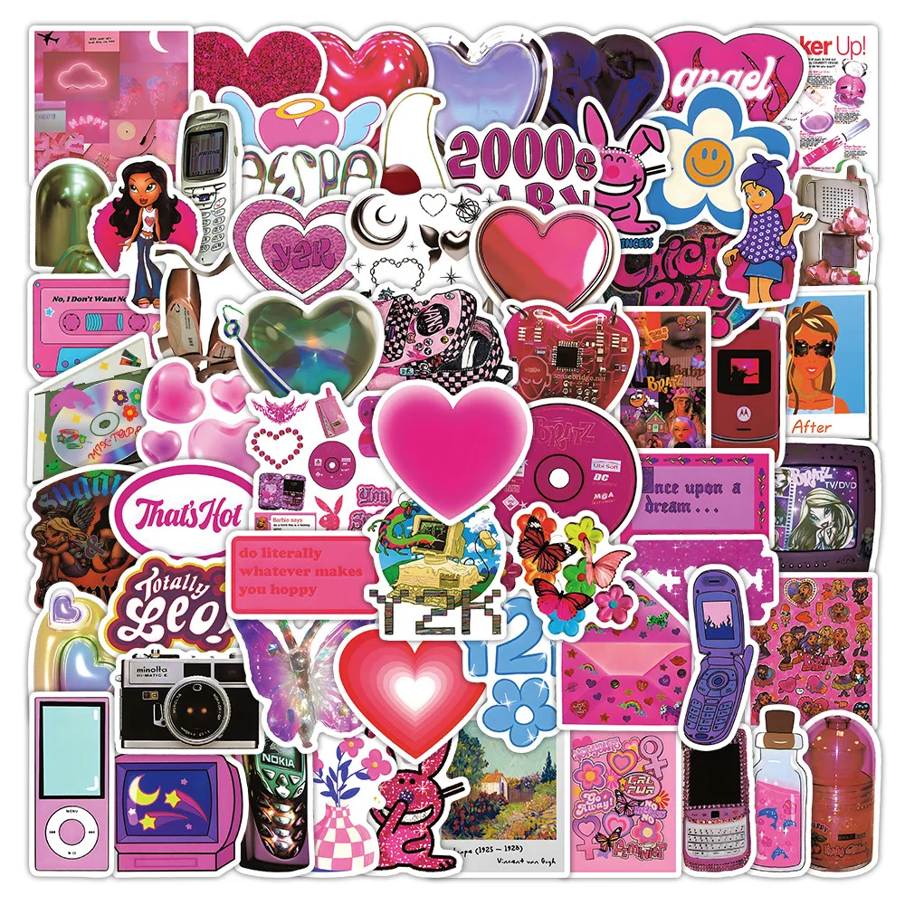 

10/60/120PCS Pink Y2K Millennium Sticker Decorative Water Cup Notebook Glass Sticker Suitcase Graffiti Waterproof Sticker