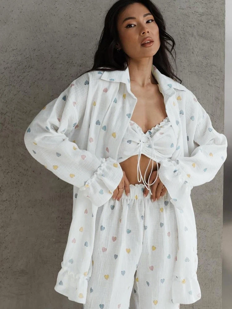 Linad Loose Women\'s Home Clothes 3 Piece Sets Print Long Sleeve Pajamas Female Bra Cotton Suits With Shorts Summer Sleepwear