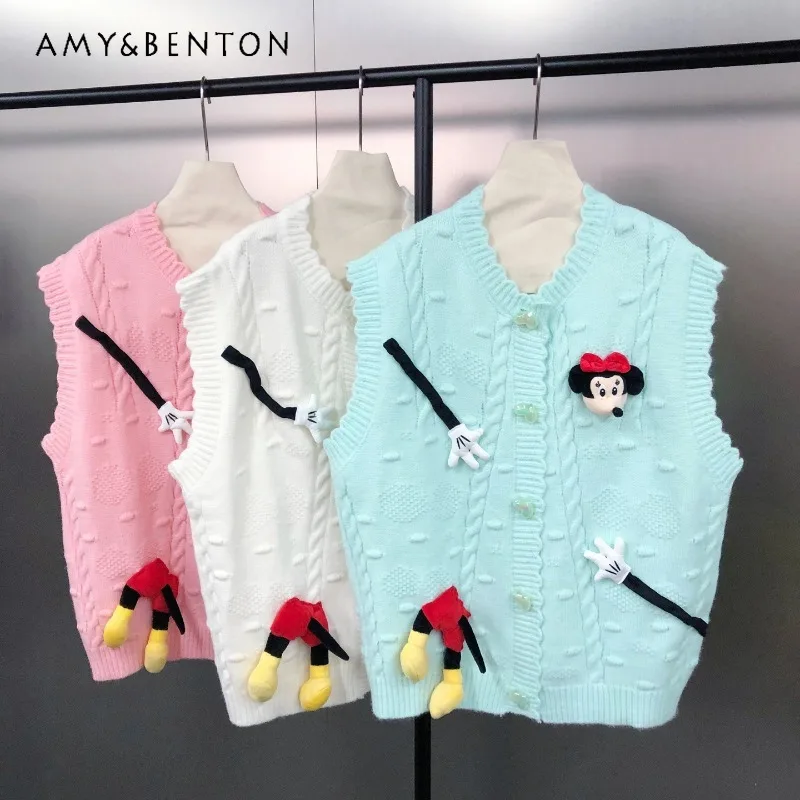 

Women's Clothing New Japanese Style Cartoon 3D Knitted Waistcoat For Women's Cute Versatile Layered Sleeveless Sweater Vest Coat