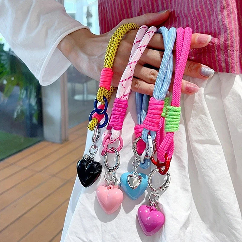 Cute 3D Heart Pendant Braided Rope Phone Chain Charm Strap Cord Keychain For IPhone 16 Lanyards Bag CCD Girl Hanging Rope