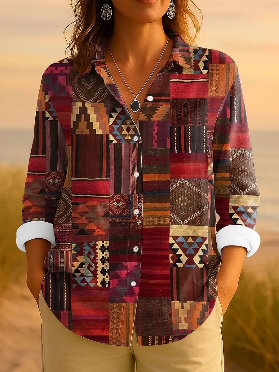 Women's Shirt Graphic Geometric Striped Retro Tropical Long Sleeve Shirts Casual Loose Tops Buttons Print Spring Autumn Blouses