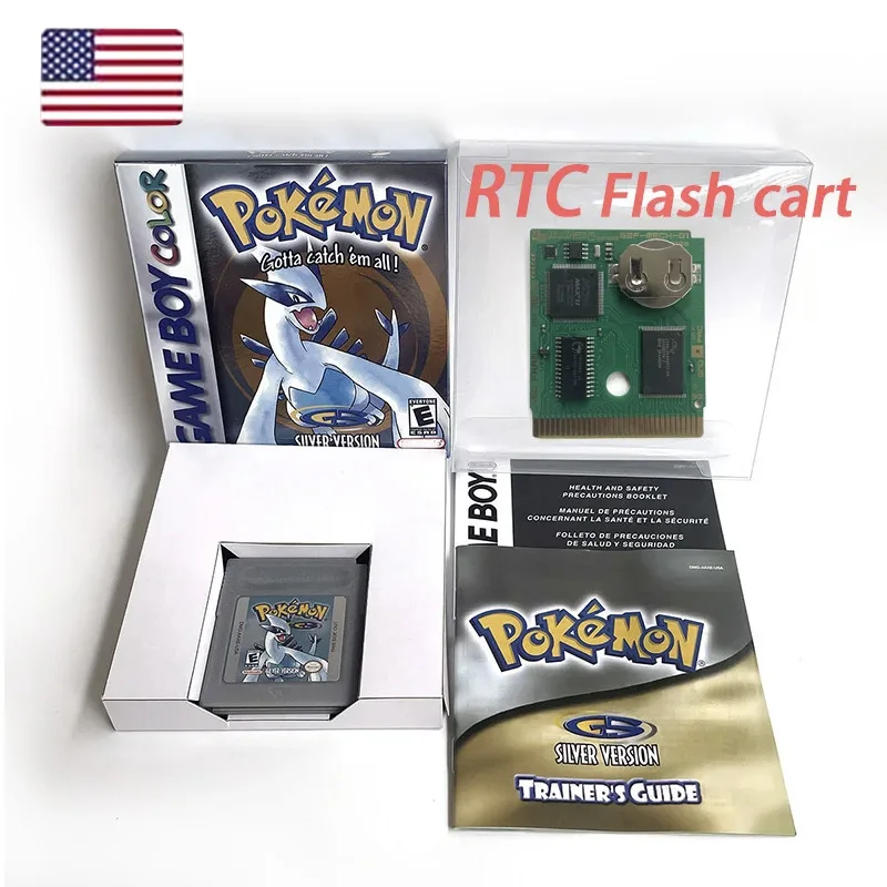 الولايات المتحدة الأمريكية RTC فلاش كارت بوكيمون أحمر أزرق أصفر كريستال الذهب الفضة الداخلية صينية لعبة خرطوشة مع صندوق يدوي ل GBC