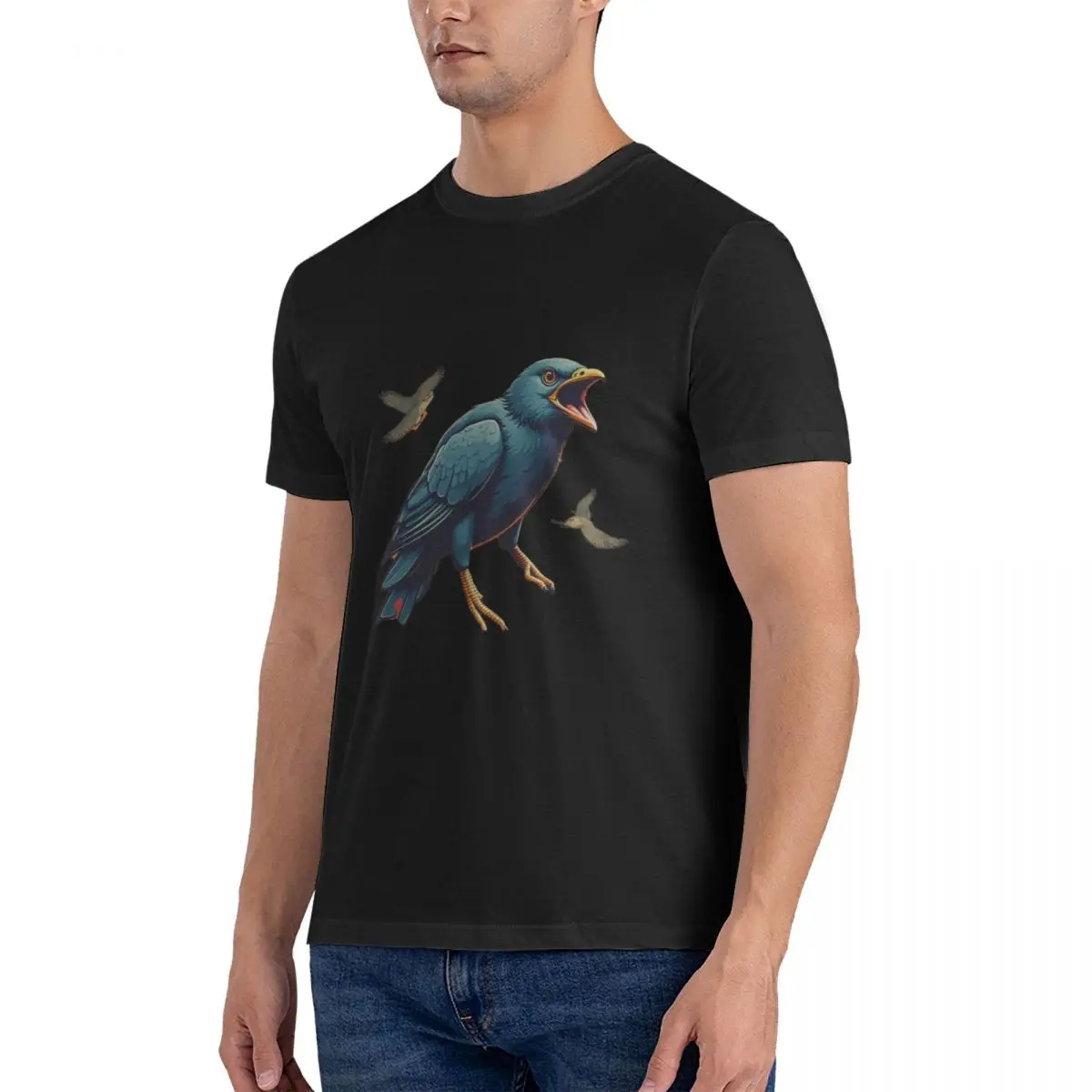 Blue Bird With Open Beak T Shirt Men 100% Cotton Awesome T-Shirts Round Neck cute Tee Shirt Short Sleeve Clothing Adult