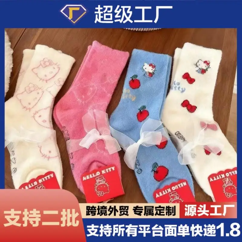

Sanrio Children's Japanese Cute Cartoon Girl Sweet 2025 Hello Kitty Mid-Calf Socks Thickened Warm Plush Home Floor Socks Gift
