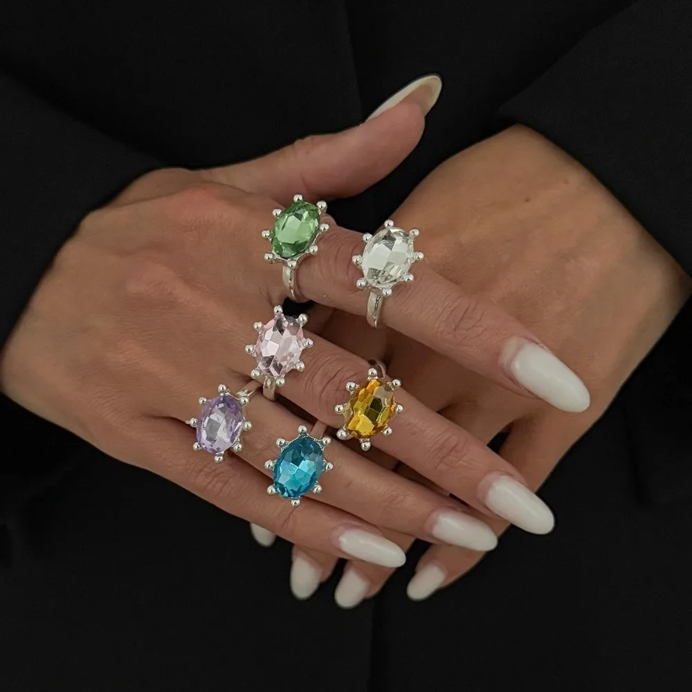 Multicolor Oval Shape Rhinestone Ring Stackable Vintage Candy Color Statement Ring Hypoallergenic Shiny Finger Ring Party