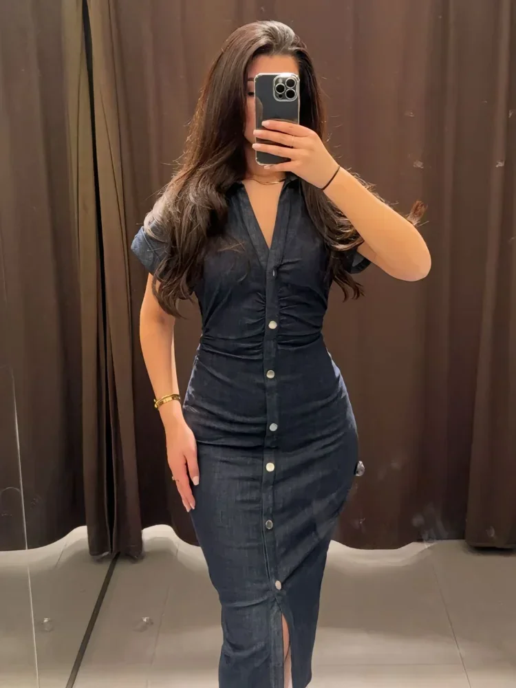 

Elegant Single Breasted Blue Denim Midi Dress For Woman Spring New V Neck Short Sleeved Wrapped Hip Dresses Chic Lady Streetwear