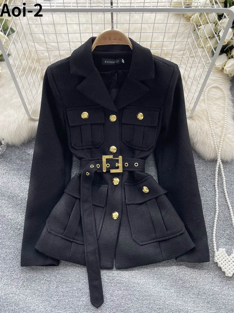 French Style Elegant Suit Jacket Women\'s 2023 Autumn New High Quality European American Slim-Fit Mid-length Coat With Belt