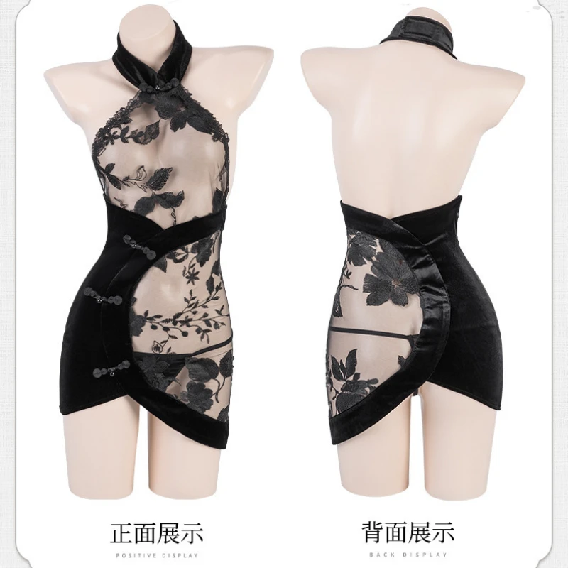 Sexy pizzo ricamato cheongsam lingerie prospettiva tentazione halter mini abito privato eseguire uniforme Qipao in stile cinese