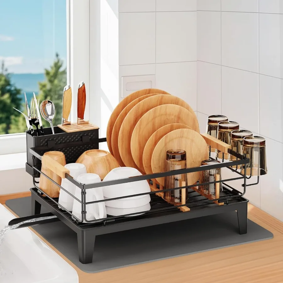 

Dish Drying Rack with Drainboard AutoDrain SpaceSaving Dish Rack Drainers for Kitchen Counter Dr with Bamboo Knife Holder Cup H