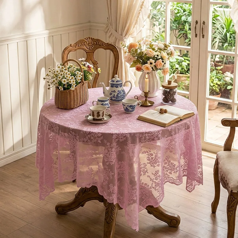 Ins Dreamy Pink Lace Table Cloth Delicate Hollow Out Floral Pattern Table Cover Decorative Tablecloth For Garden Wedding Home