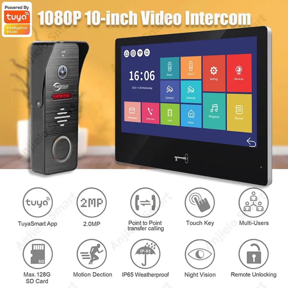 10-inch Video Intercom Visual Doorbell 160° 1080P Tuya Smart Home Video Porteiro Touch Screen домофон в частный дом Interfone